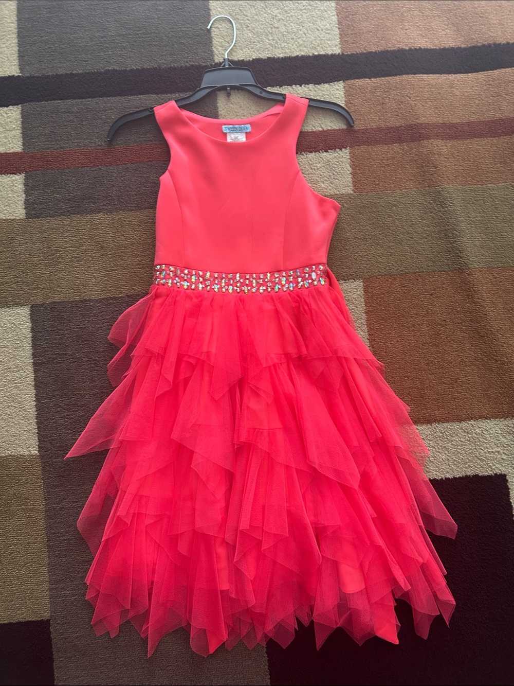 Tween Diva Girls Red Ruffled Tulle Party Dress with Jeweled Waist